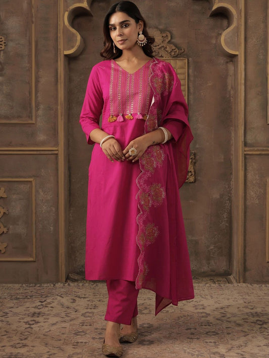 Ethnic Motifs Embroidered Thread Work Pure Cotton Kurta With Trousers & Dupatta