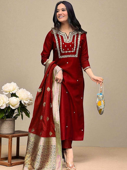 Dhiyona SN Women's Floral Embroidered Cotton Kurta with Trousers & Dupatta