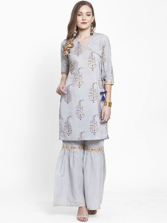Dhiyona VA Women's Grey Printed Kurta with Sharara