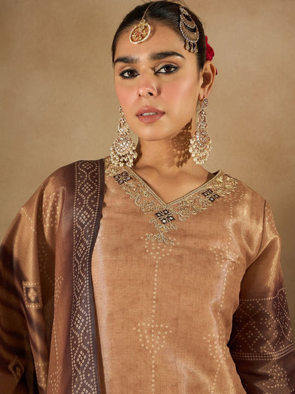 Dhiyona IE Women Bandhani Embroidered Regular Sequinned Kurta with Trousers & Dupatta