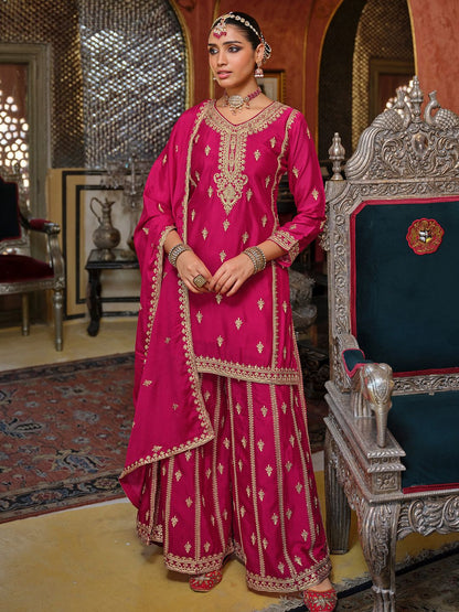 Adults-Women Woven Design Embroidered Kurta with Palazzos & Dupatta
