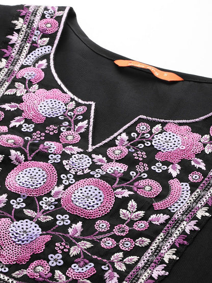Dhiyona IE Floral Embroidered Regular Sequinned Liva Kurta With Trousers & Dupatta