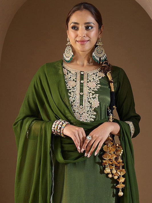 Dhiyona IE Women Ethnic Motifs Embroidered Regular Kurta with Trousers & With Dupatta