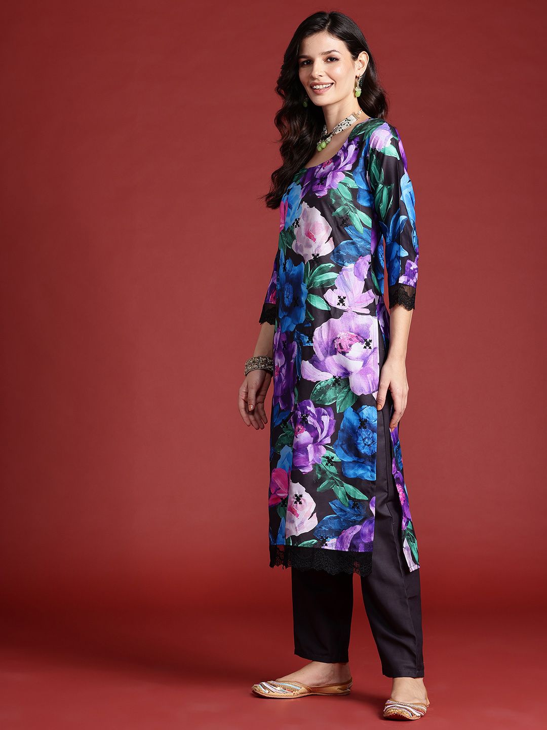 Floral Printed Sequinned Kurta With Trousers & Dupatta