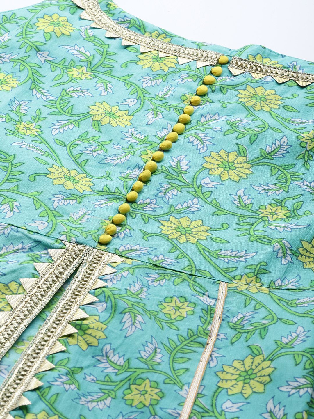 Dhiyona VA Women's Sea Green & White Floral Printed Gotta Patti Pure Cotton Kurta with Sharara