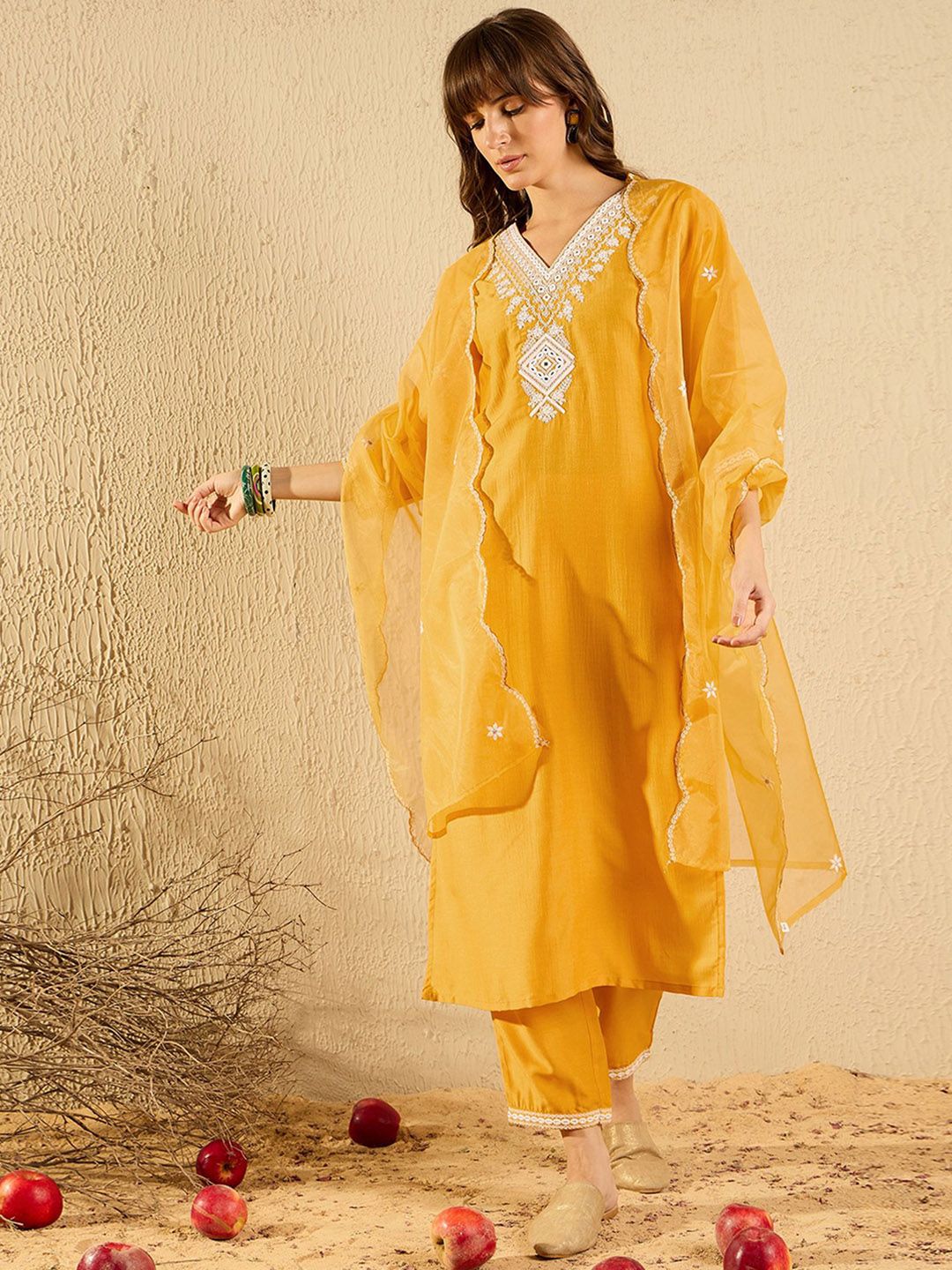 Dhiyona IE Floral Yoke Design V-Neck Straight Kurta With Trousers & Dupatta