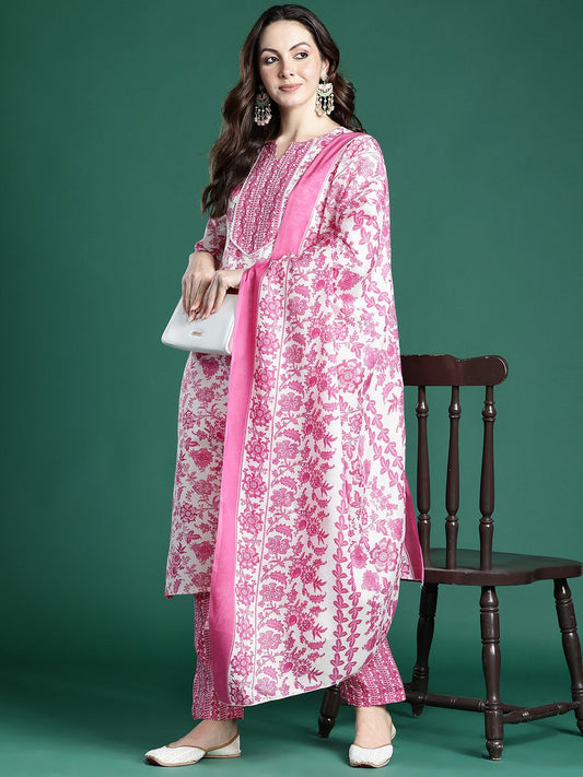 Dhiyona IE Floral Printed Kurta with Trousers & Dupatta