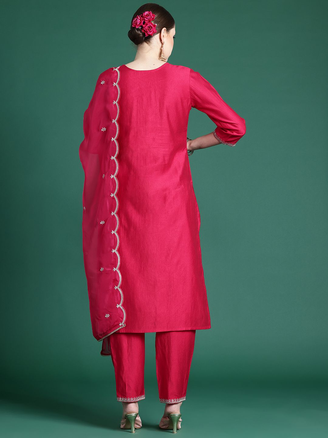 Ethnic Motifs Yoke Design Zari Liva Kurta With Trousers & Dupatta