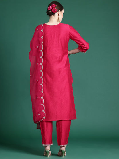 Ethnic Motifs Yoke Design Zari Liva Kurta With Trousers & Dupatta