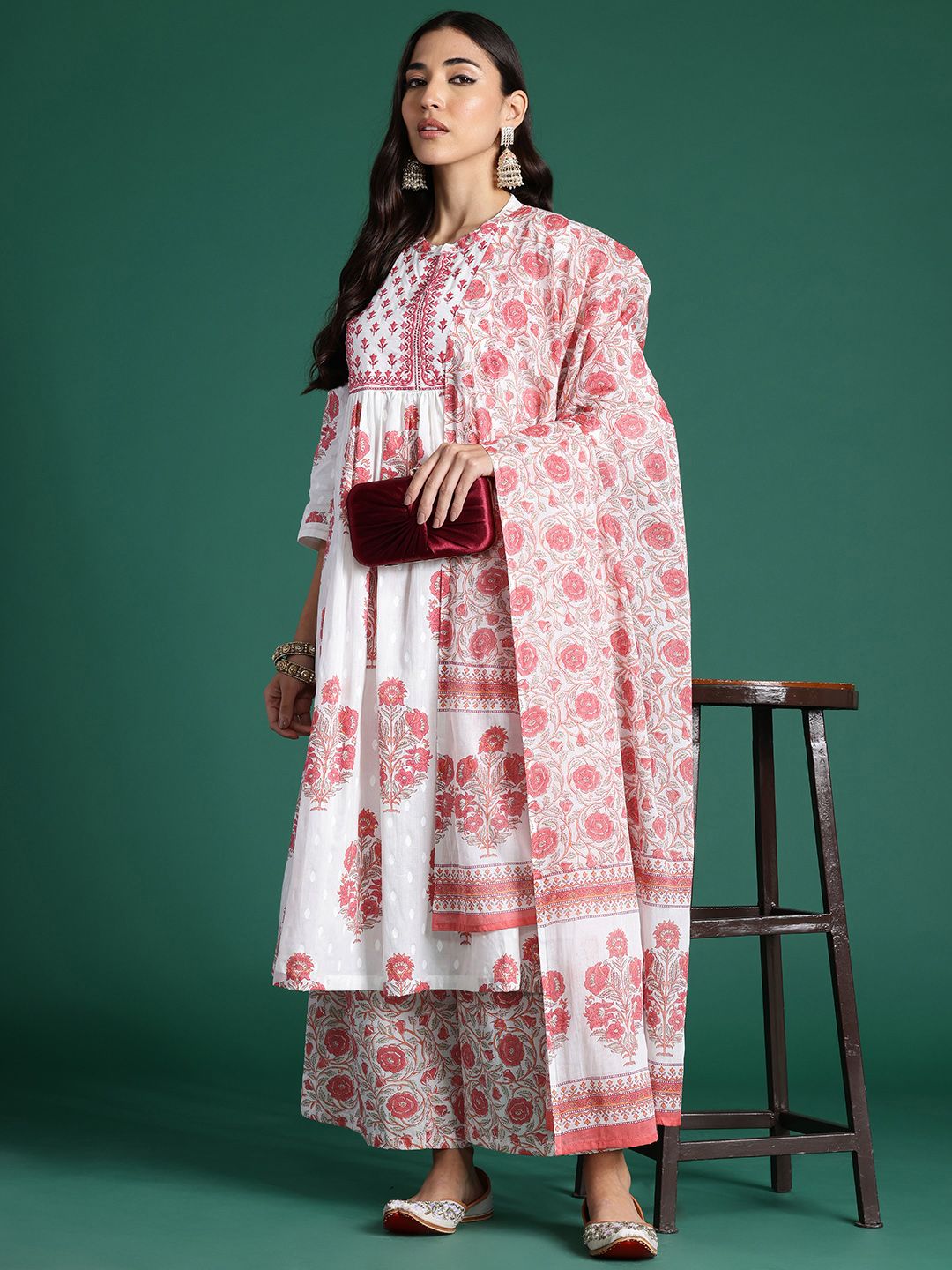 Ethnic Motifs Printed Pleated Sequinned Pure Cotton Kurta With Palazzos & Dupatta