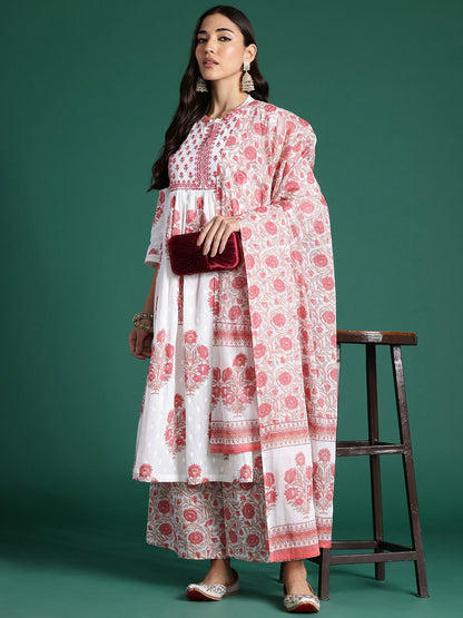 Ethnic Motifs Printed Pleated Sequinned Pure Cotton Kurta With Palazzos & Dupatta