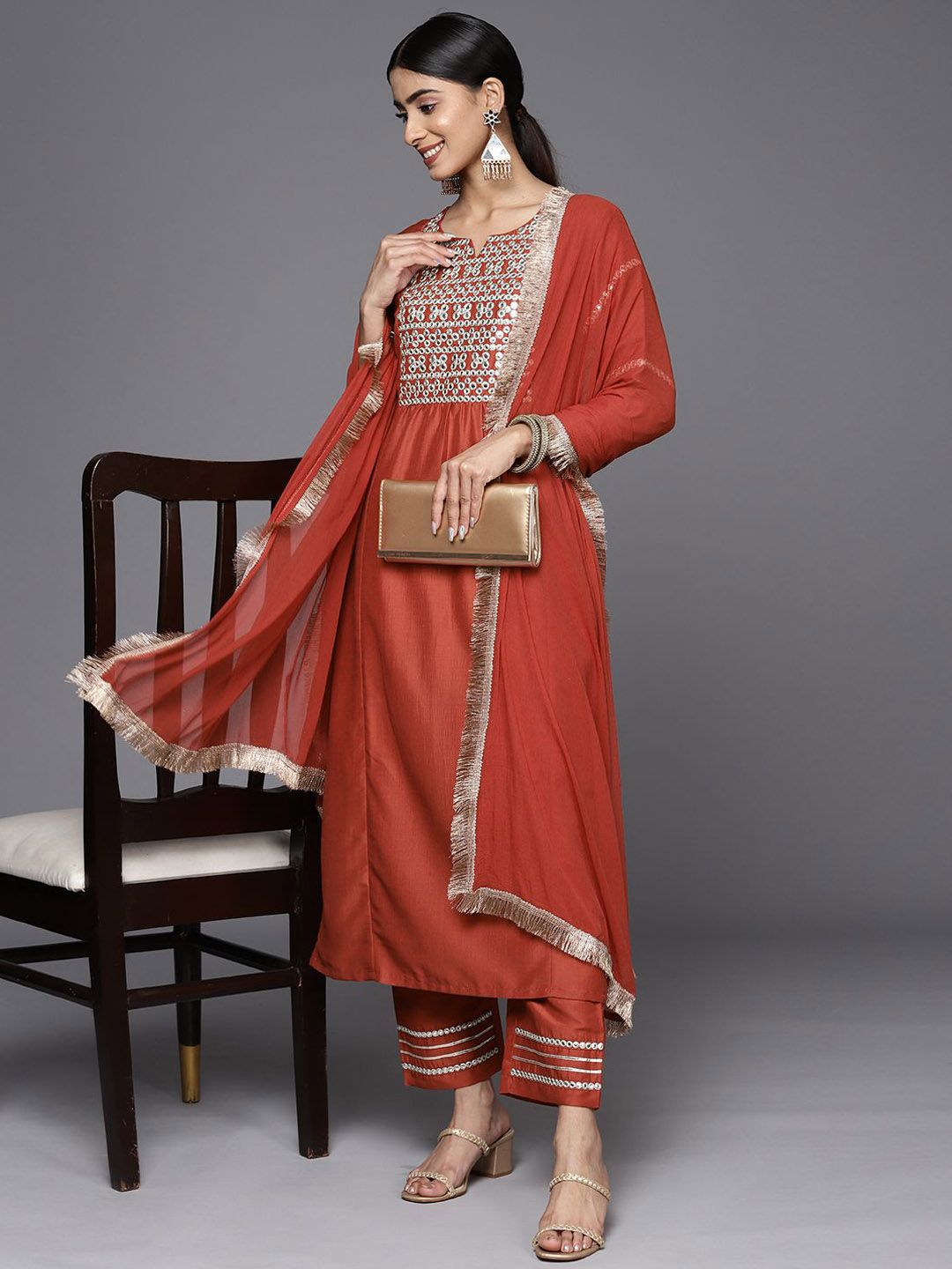 Dhiyona VA Women'sMirror Work Yoke Design Straight Kurta with Trousers & Dupatta