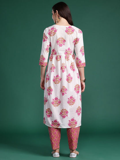 Dhiyona IE Floral Printed Pure Cotton Kurta with Trousers