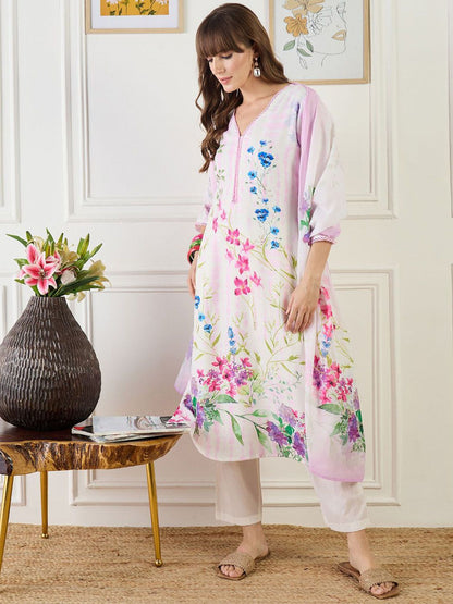 Women Floral Printed Regular Linen Kurta & Trousers With Floral Dupatta