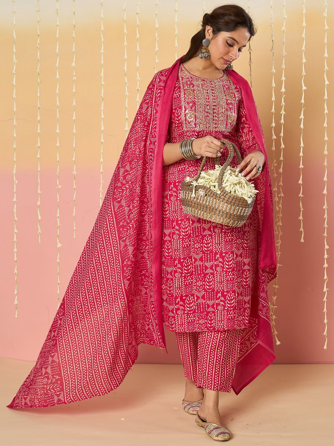 Women Ethnic Motifs Printed Regular Pure Cotton Kurta with Trousers & With Dupatta