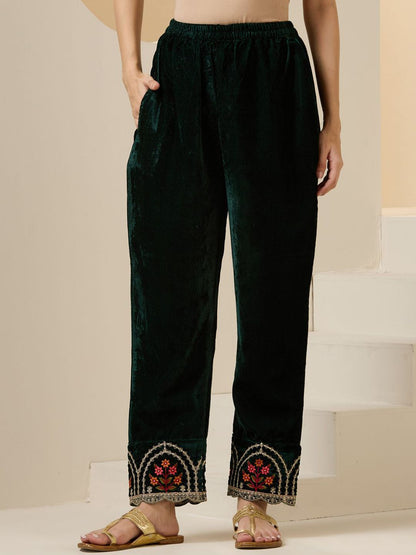 Dhiyona IS Women's Women Floral Embroidered Regular Thread Work Velvet Kurta with Trousers & With Dupatta