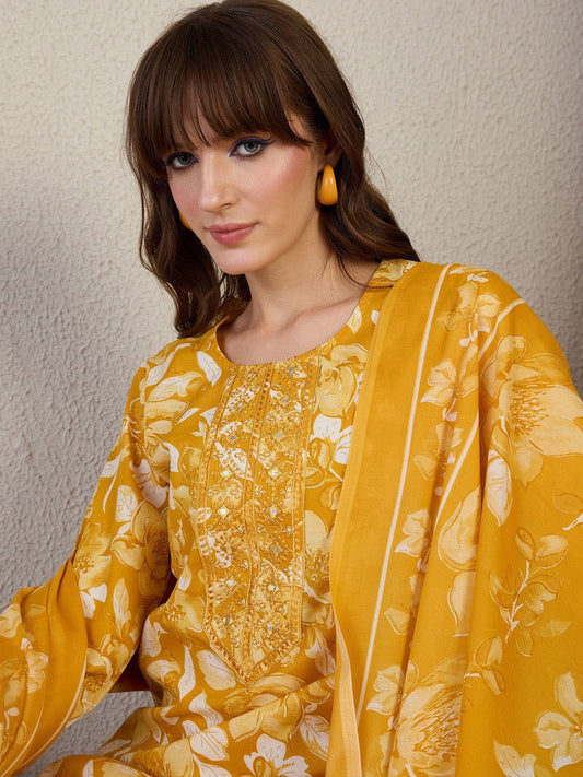 Dhiyona IE Floral Printed Thread Work Straight Kurta With Trouser & Dupatta