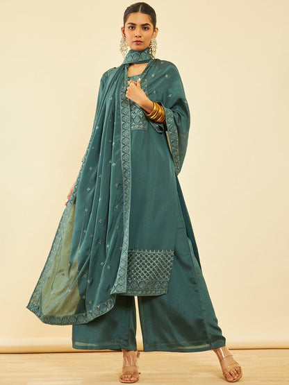 Dhiyona SO Women's Ethnic Motifs Yoke Design Regular Sequinned Kurta with Palazzos & Dupatta