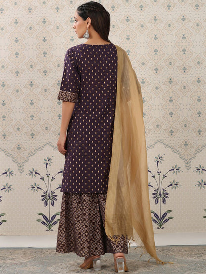 Dhiyona OD  Purple Floral Printed Pure Cotton Kurta With Sharara & Dupatta