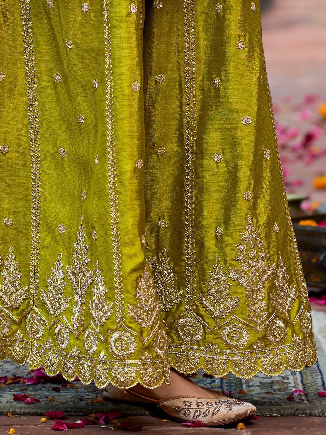 Floral Embroidered Sequinned Chinon Straight Kurta With Palazzos & Dupatta