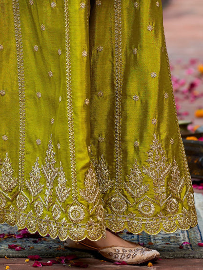 Floral Embroidered Sequinned Chinon Straight Kurta With Palazzos & Dupatta
