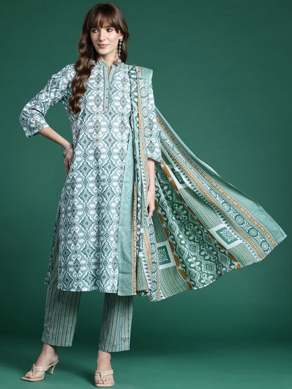 Dhiyona IE Geometric Printed Regular Pure Cotton Kurta with Trousers & Dupatta