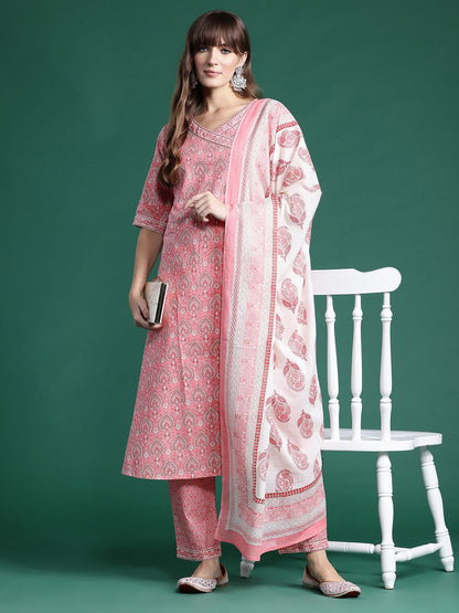 Ethnic Motifs Printed Angrakha Pure Cotton Kurta With Trousers & Dupatta