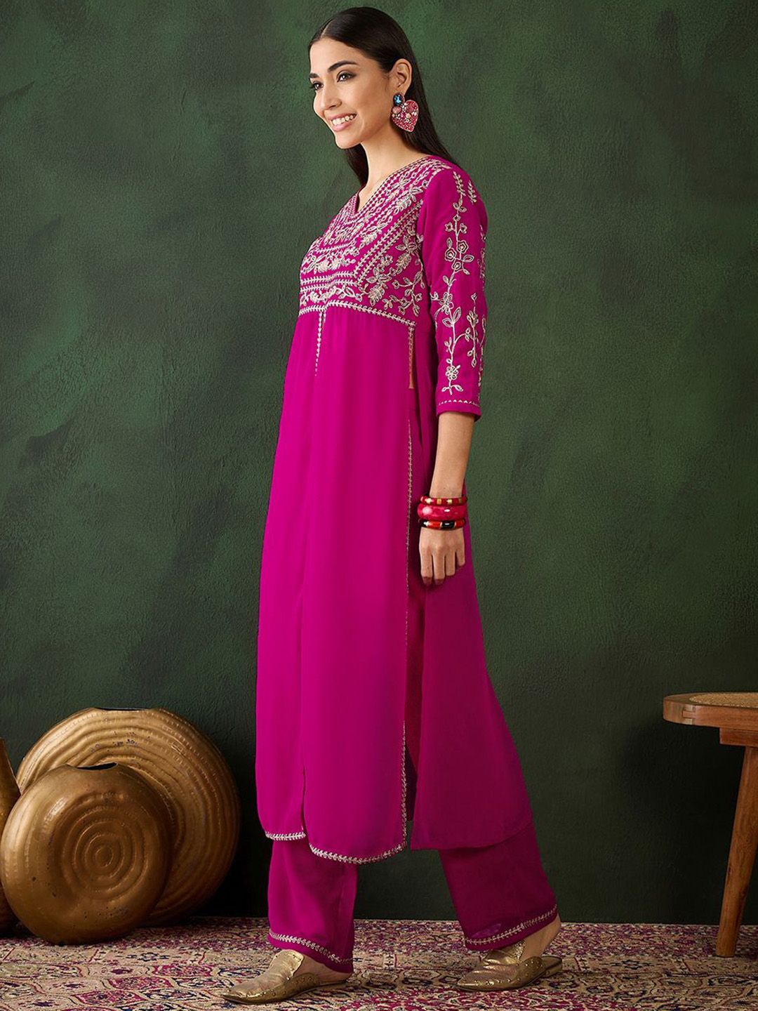 Dhiyona SN Women's Alina Cut Floral Yoke Design High Slit Zari Fusion Kurta With Trousers