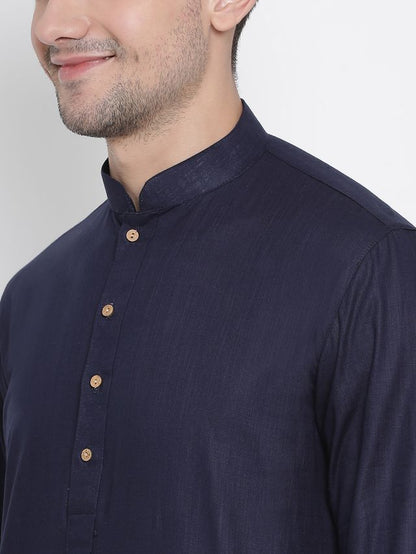 Men's Navy Blue Cotton Linen Straight Kurta Pyjama Set