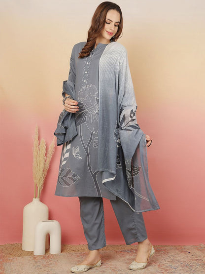 Dhiyona SN Women's Floral Printed Cotton Kurta with Trousers & Dupatta