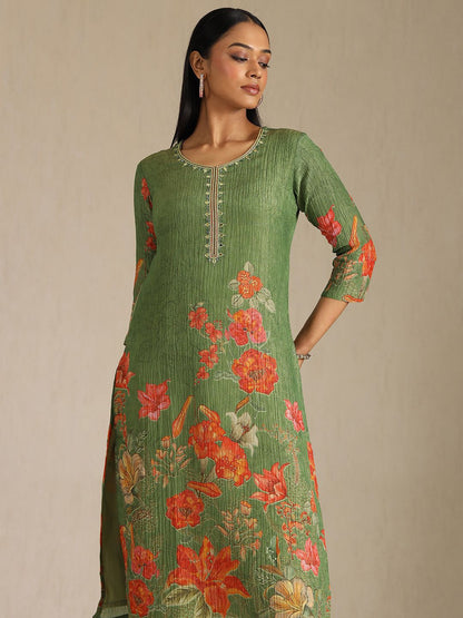 Dhiyona SO Women's Floral Printed Mirror Work Straight Kurta with Trouser