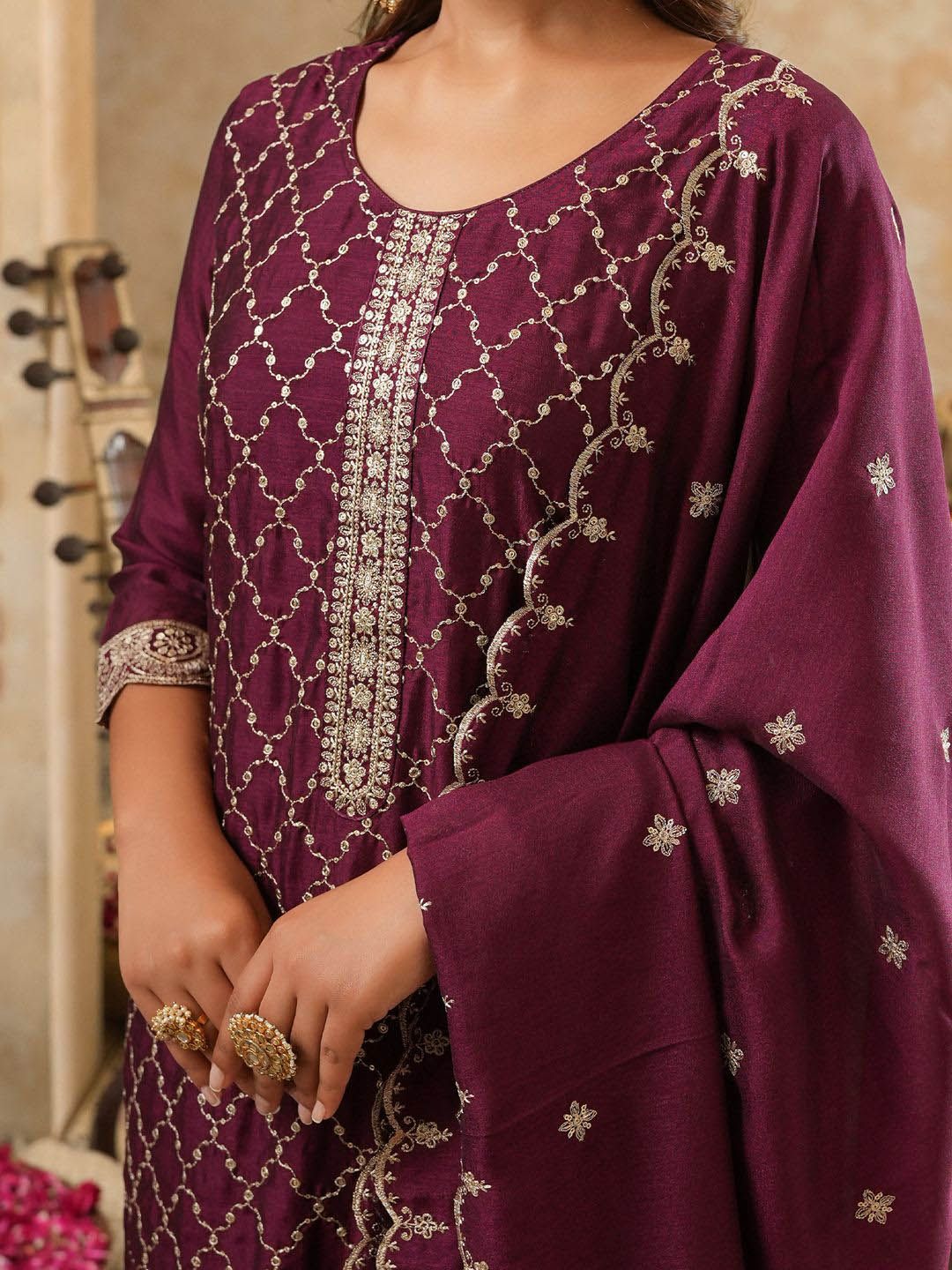 Women Ethnic Motifs Embroidered Regular Sequinned Kurta with Trousers & Dupatta