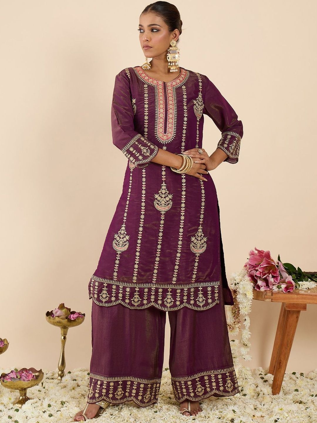 Women Ethnic Motifs Embroidered Regular Kurta with Palazzos & With Dupatta