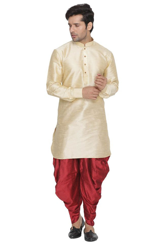 Men's Gold Silk Blend Pathani Kurta and Dhoti Set