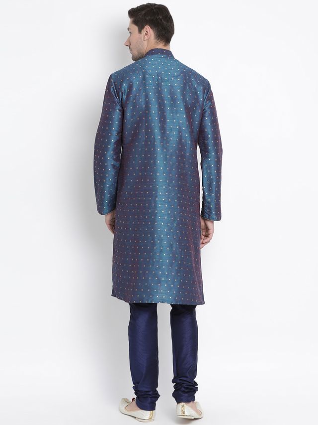 Men's Blue Silk Blend Straight Kurta Pyjama Set