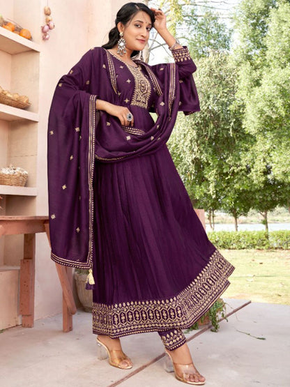 Dhiyona SN Women's Embroidered Round Neck Anarkali Kurta With Trouser & Dupatta
