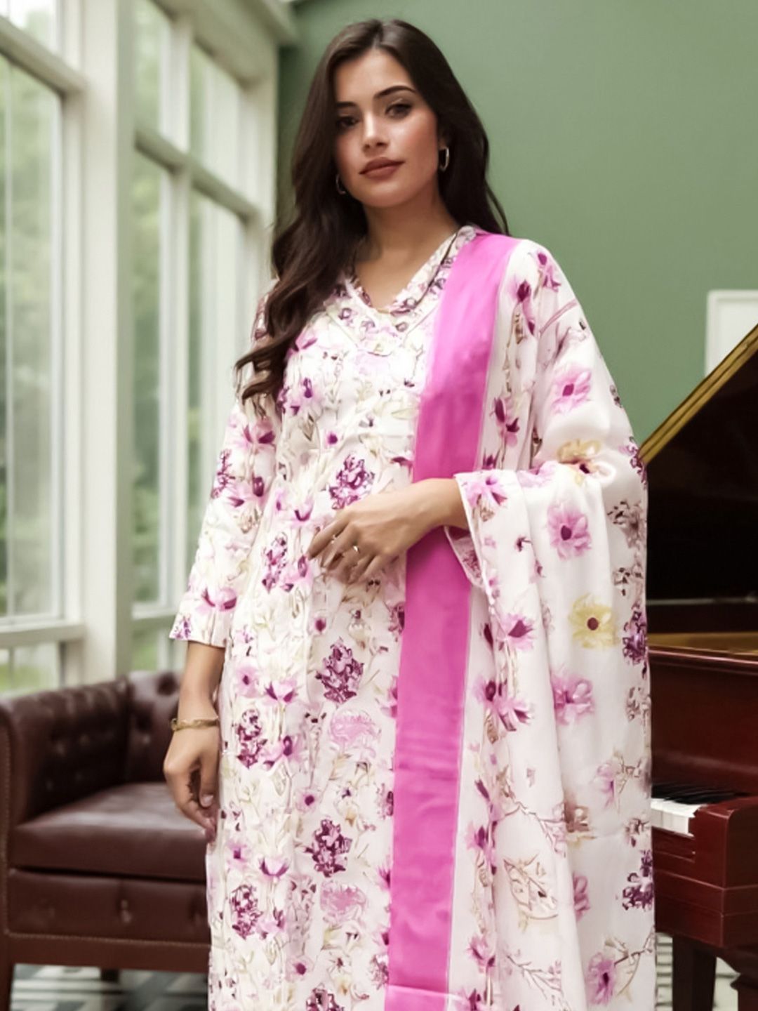 Dhiyona IE Floral Printed Pure Cotton Straight Kurta With Trousers & Dupatta