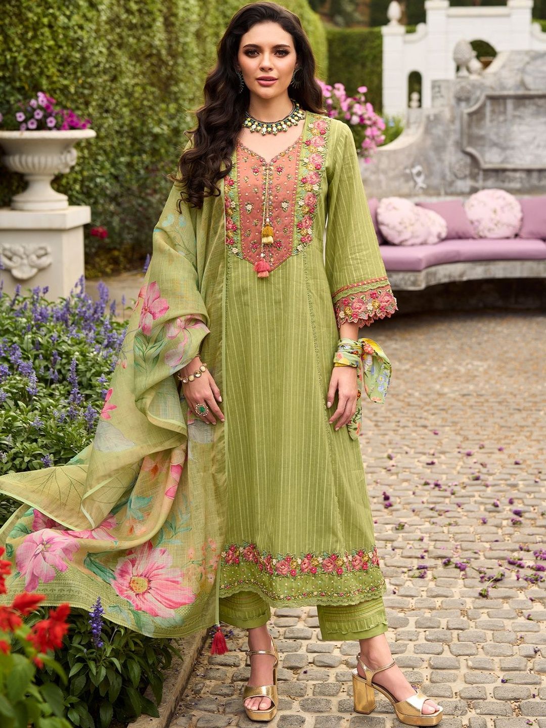 Women Floral Embroidered Cotton Kurta with Trousers & Dupatta