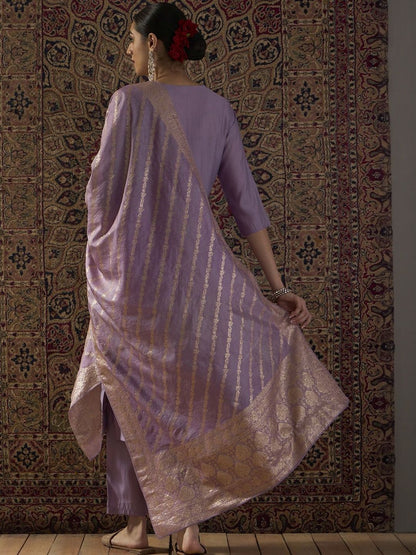 Ethnic Motifs Embroidered Round Neck Thread Work Kurta With Trousers & Dupatta