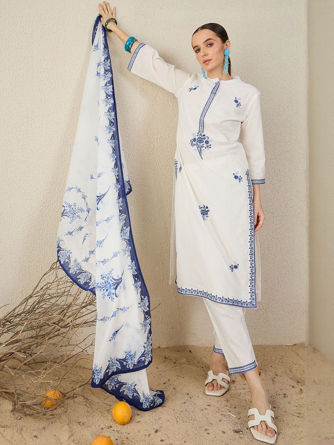 Floral Embroidered Thread Work Pure Cotton Straight Kurta & Trouser With Dupatta