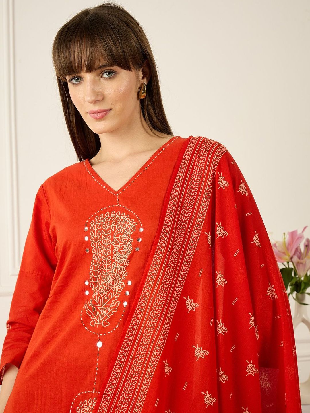 Dhiyona IE Women Ethnic Motifs Embroidered Regular Mirror Work Pure Cotton Kurta with Trousers & With Dupatta