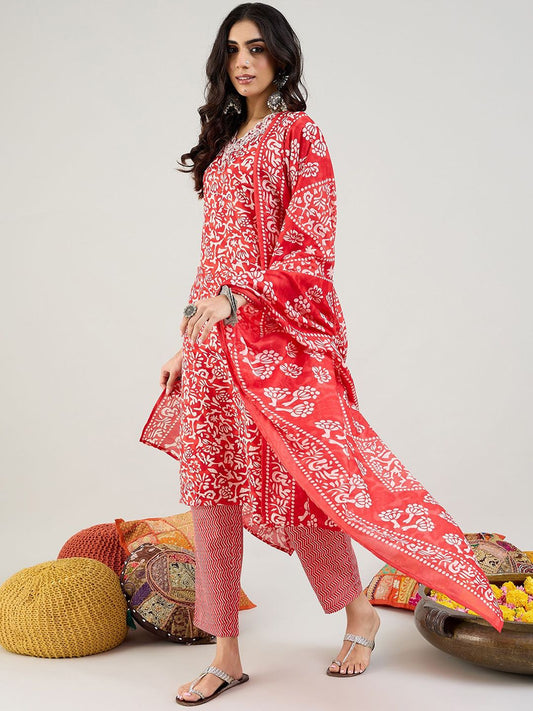 Dhiyona IE Floral Printed Thread Work Straight Kurta with Trousers & Dupatta