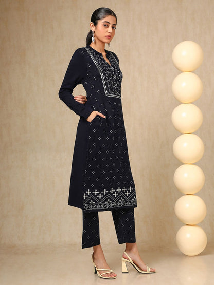 Dhiyona SO Women's Navy Blue Floral Woven Design Mandarin Collar Acrylic Straight Kurta With Trouser