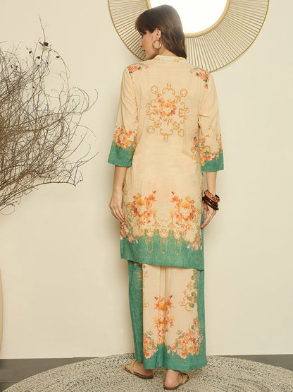 Dhiyona IE Women Printed Mandarin Collar Top and Trousers Co-Ords