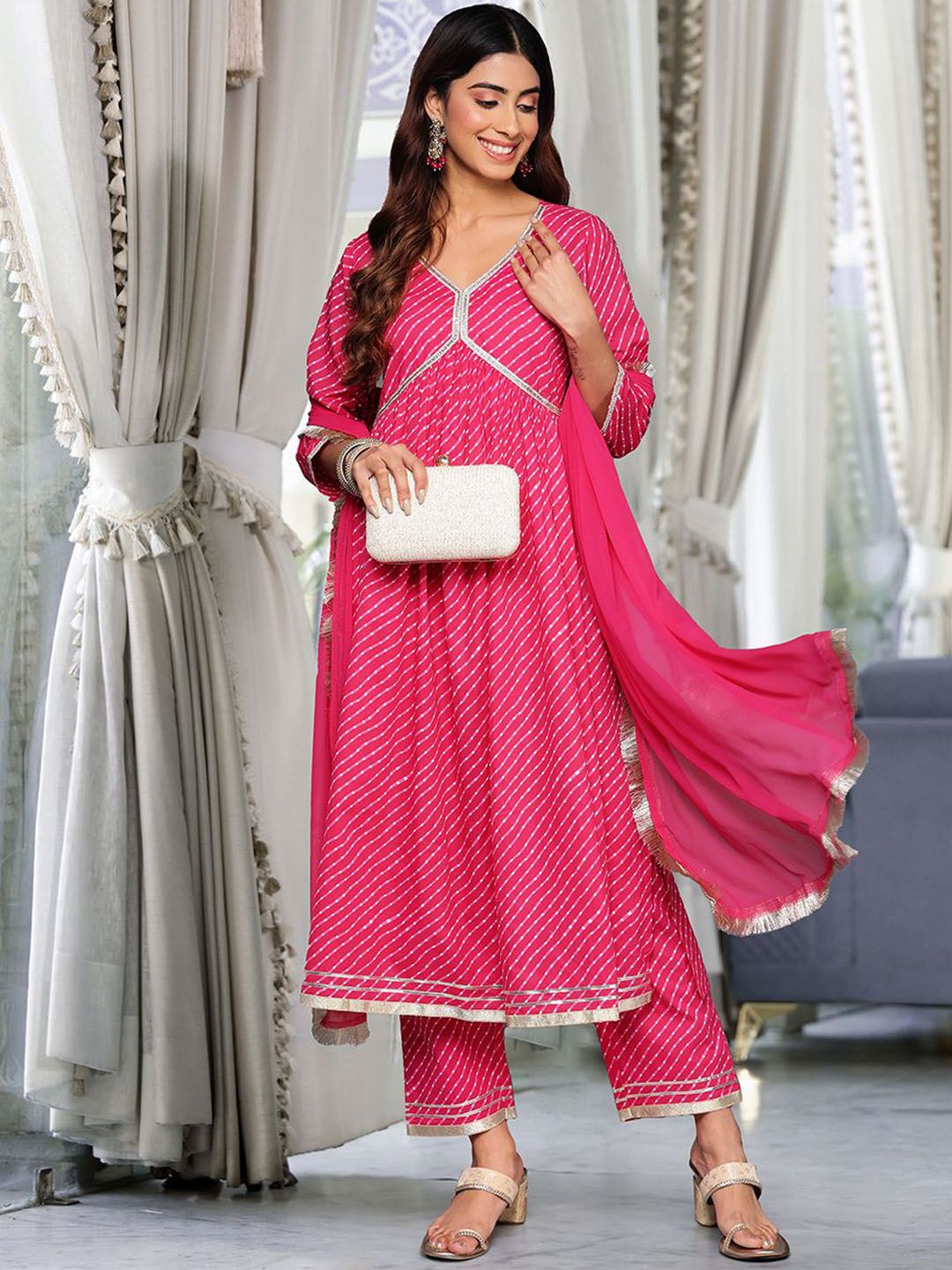 Dhiyona VA Women's Leheriya Printed Pleated Gotta Patti Pure Cotton Kurta with Trousers & With Dupatta