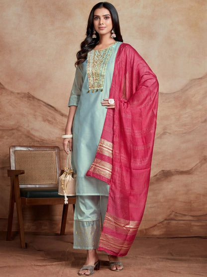 Dhiyona SN Women's Floral Embroidered Sequinned Chanderi Silk Straight Kurta & Palazzo With Dupatta