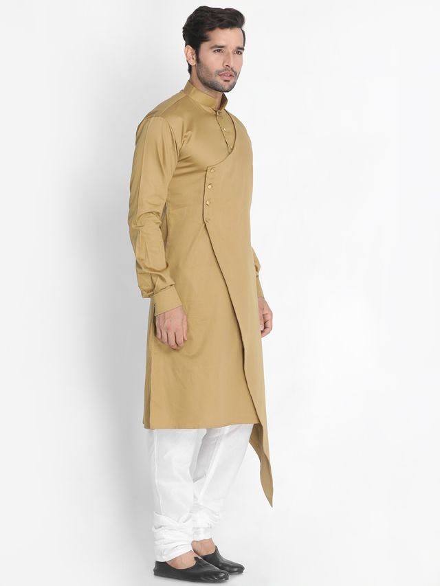 Men's Chiku Cotton Cotton Satin Asymmetric Kurta Pyjama Set