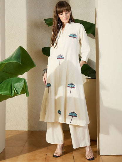 Dhiyona IE Embroidered Mandarin Collar Pure Cotton Tunic With Trousers