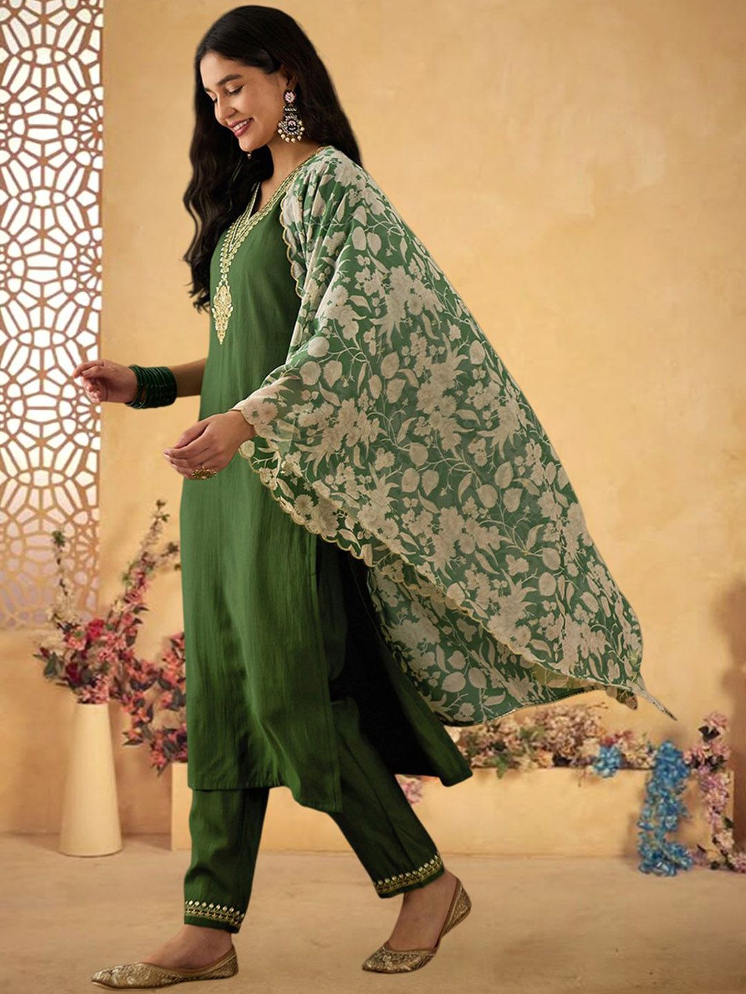 Dhiyona SN Women's Floral Yoke Design V-Neck Mirror Work Straight Kurta With Trouser & Dupatta