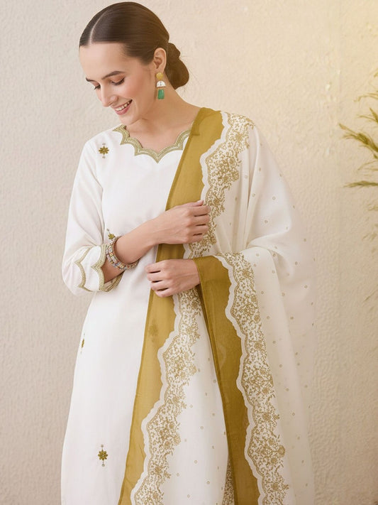 Ethnic Motifs Embroidered Sequinned Pure Cotton Kurta With Trousers & Dupatta